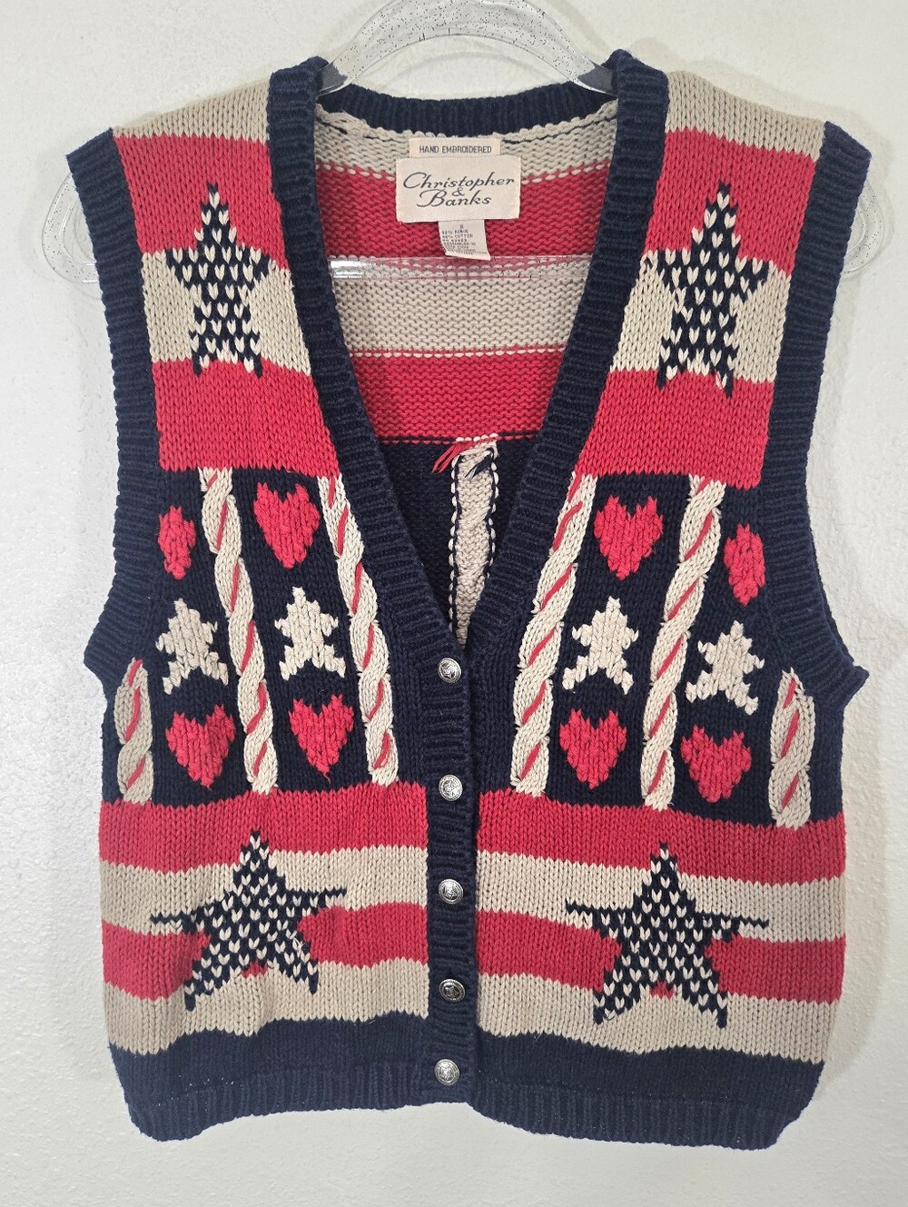 Christopher & Banks Americana Vintage Red/Navy/Tan Star Heart Button Vest, S - Picture 1 of 8